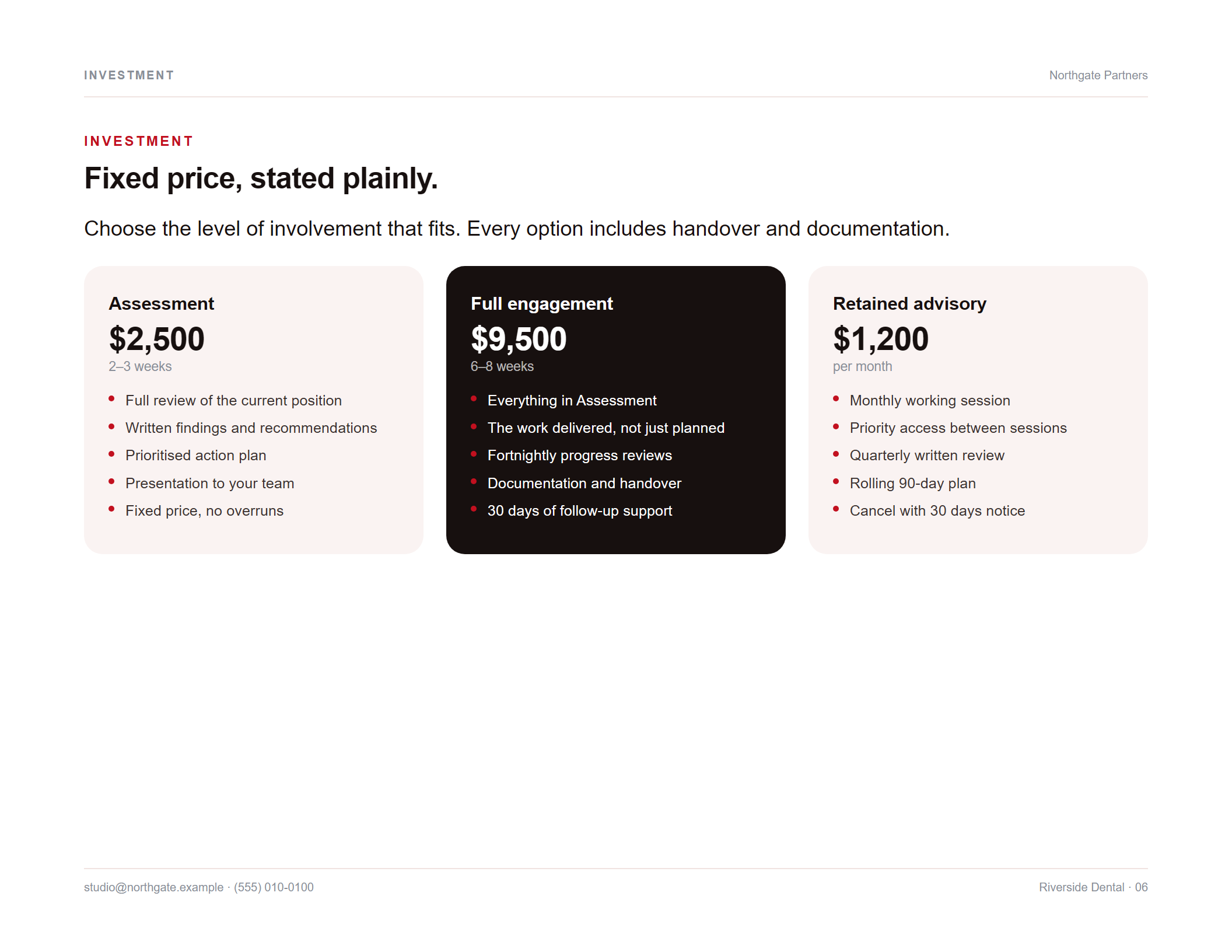 Classic theme, investment page: three plan cards with the middle one filled dark.