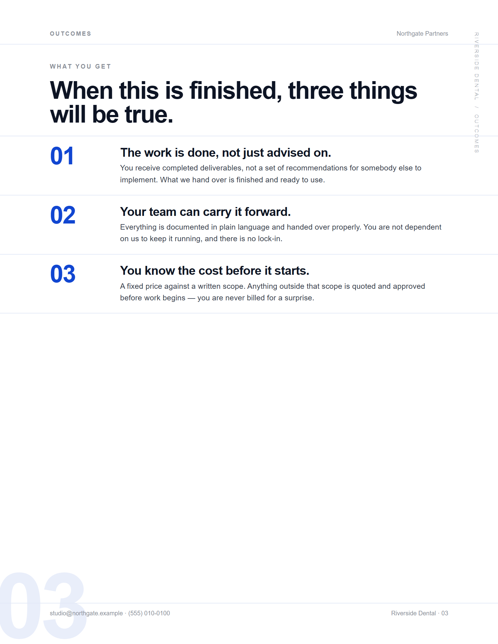 Dossier theme in portrait: outcomes stacked full width, divided by rules that run to the page edge.