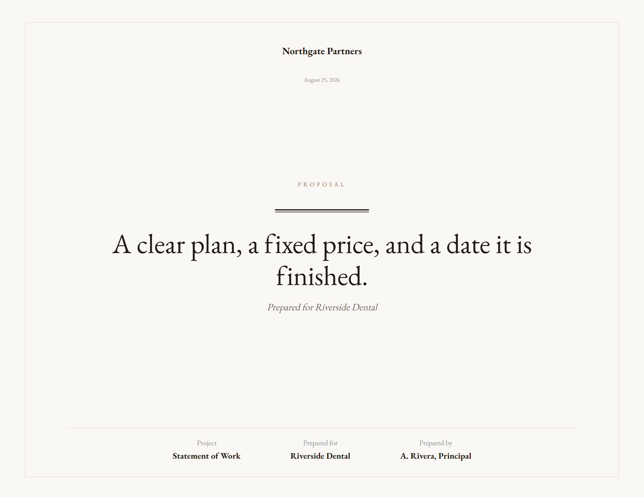 Vellum theme cover: warm paper, a hairline frame, centred title set in a serif with a double rule above it.