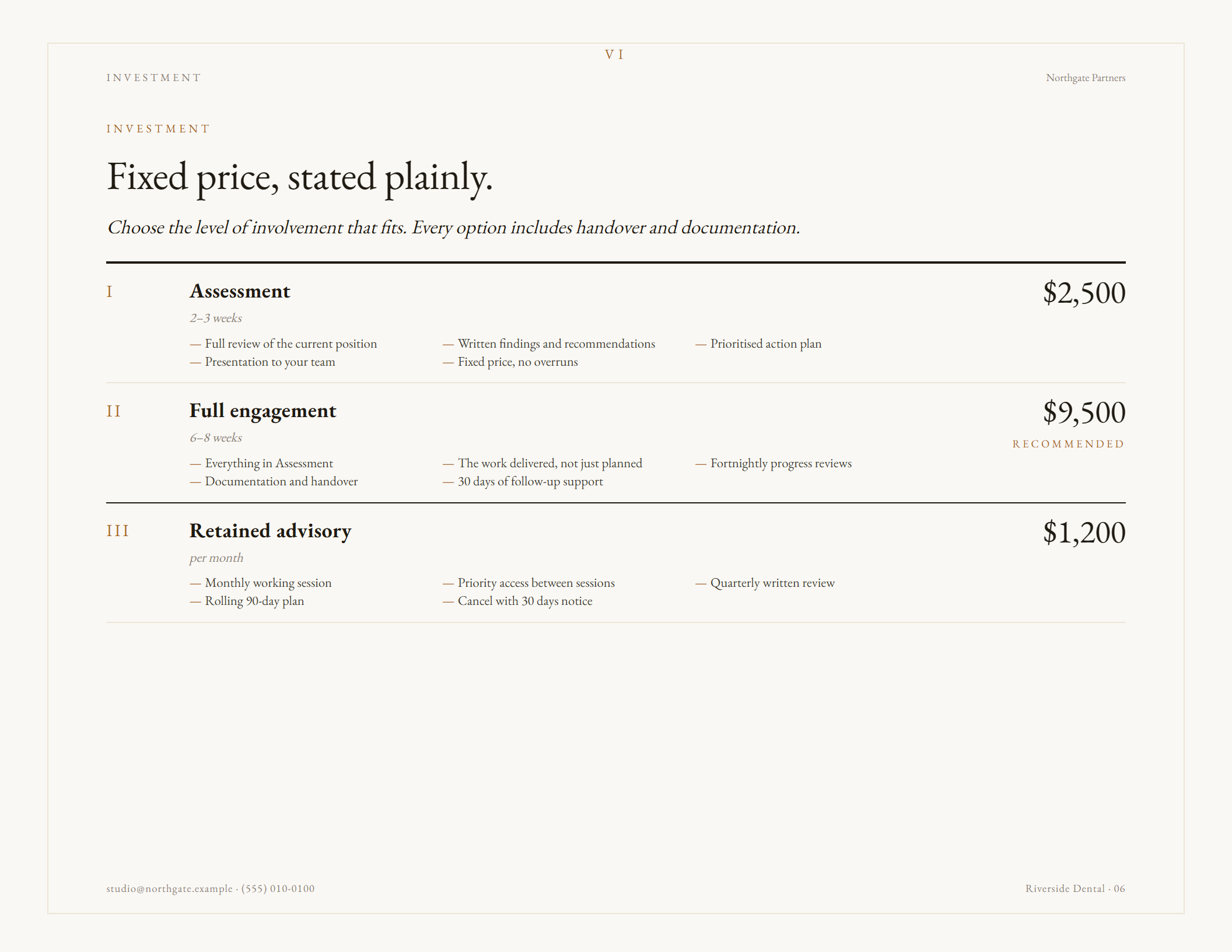 Vellum theme, investment page: a ruled schedule with figures aligned to the right margin.