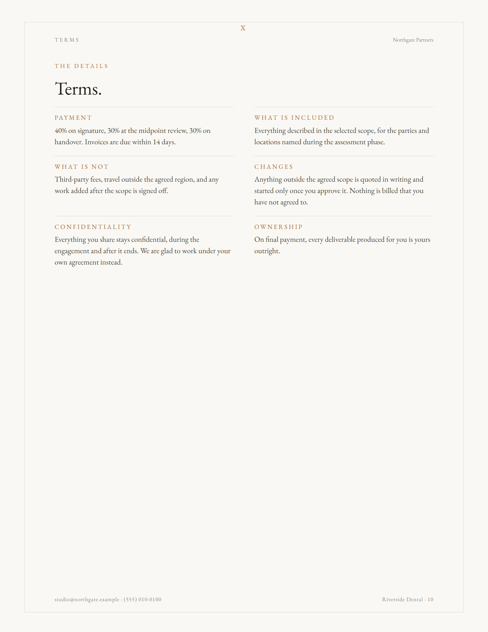 Vellum theme terms page: six clauses on a two-column grid with small-caps headings.